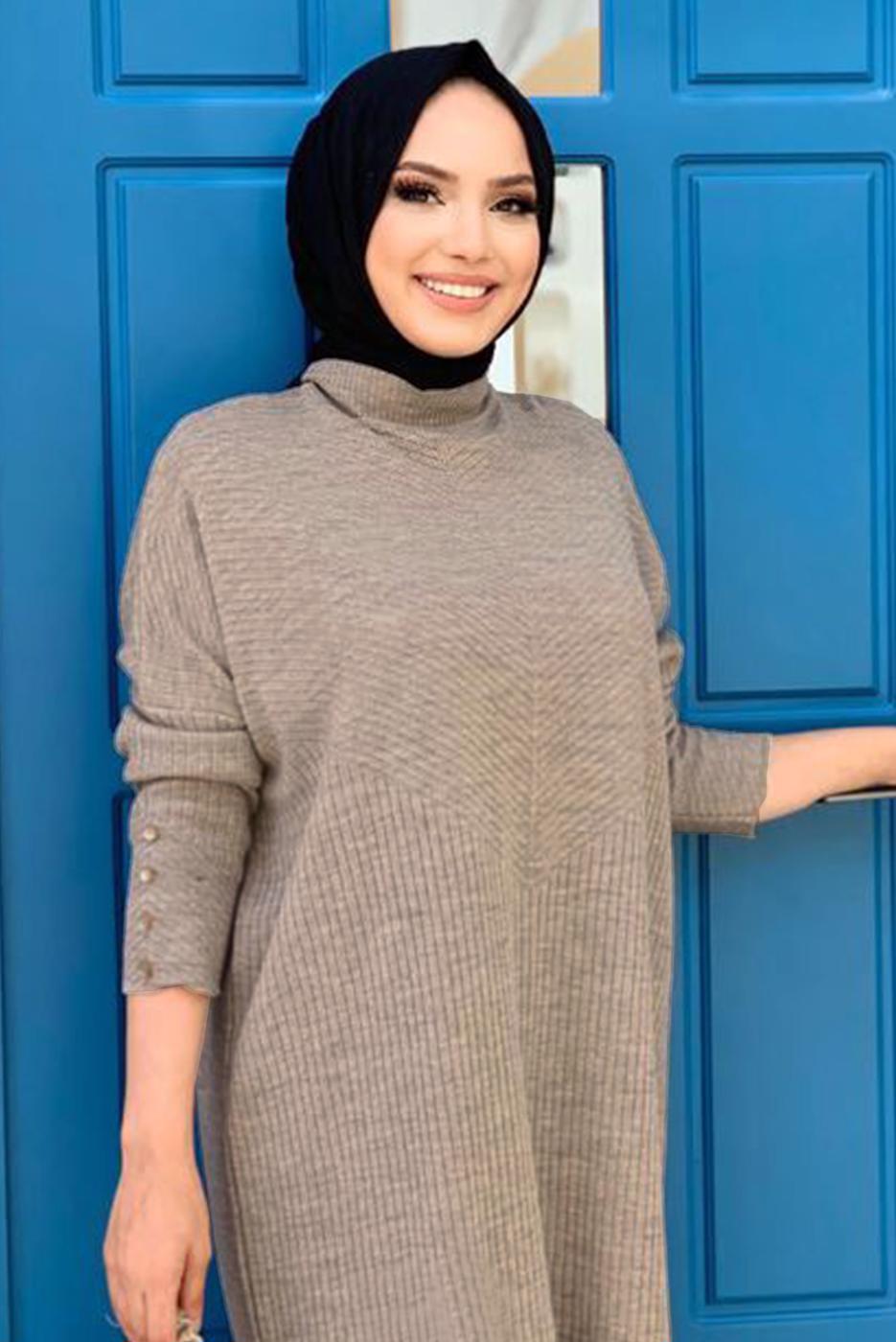 Tesettür giyim VİZON FİTİLLİ TRİKO TUNİK 0434