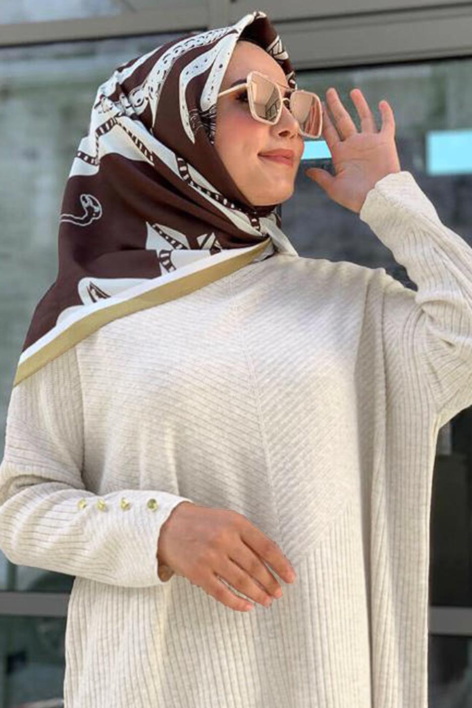 Tesettür giyim BEJ FİTİLLİ TRİKO TUNİK 0434