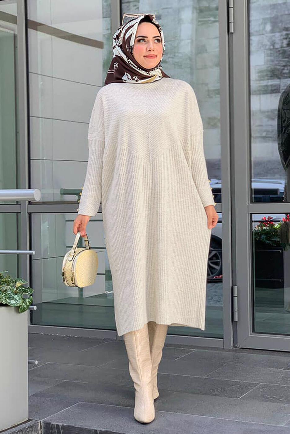 Tesettür giyim BEJ FİTİLLİ TRİKO TUNİK 0434