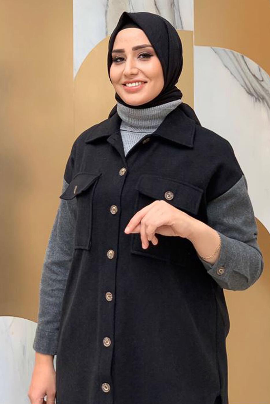 Tesettür giyim SİYAH İKİ RENKLİ DÜĞMELİ TUNİK 1135 