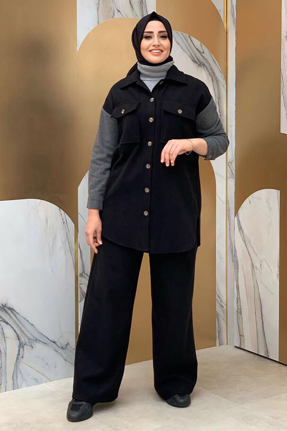 Tesettür giyim SİYAH İKİ RENKLİ DÜĞMELİ TUNİK 1135 