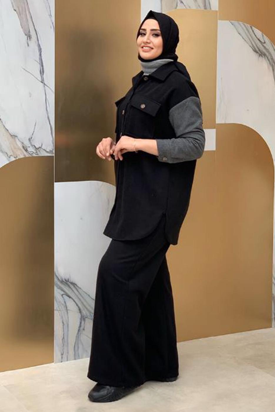 Tesettür giyim SİYAH İKİ RENKLİ DÜĞMELİ TUNİK 1135 