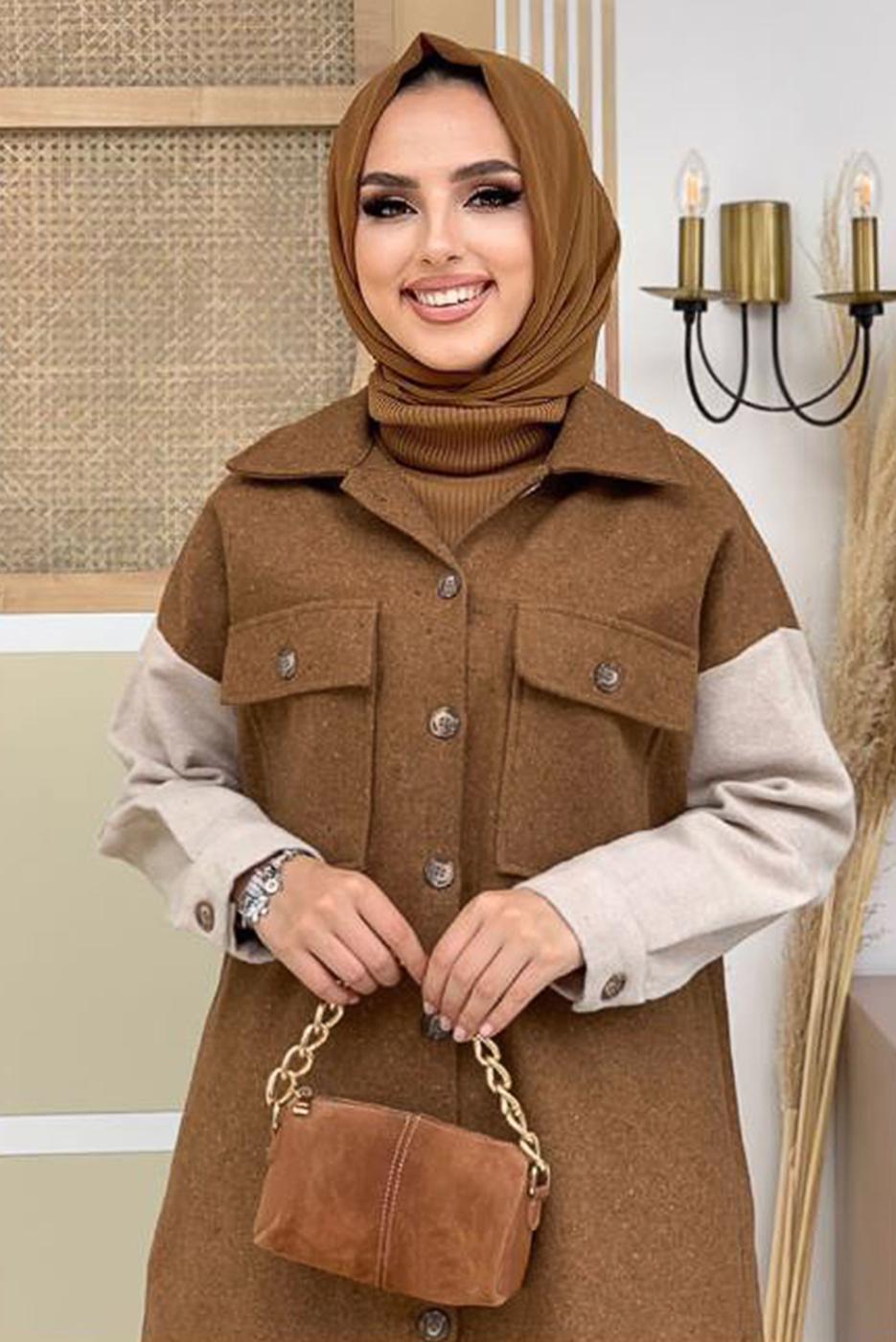 Tesettür giyim TABA İKİ RENKLİ DÜĞMELİ TUNİK 1135 