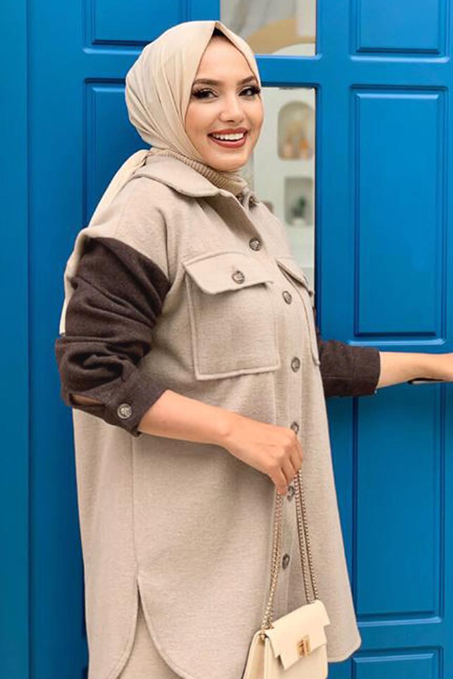 Tesettür giyim VİZON İKİ RENKLİ DÜĞMELİ TUNİK 1135 