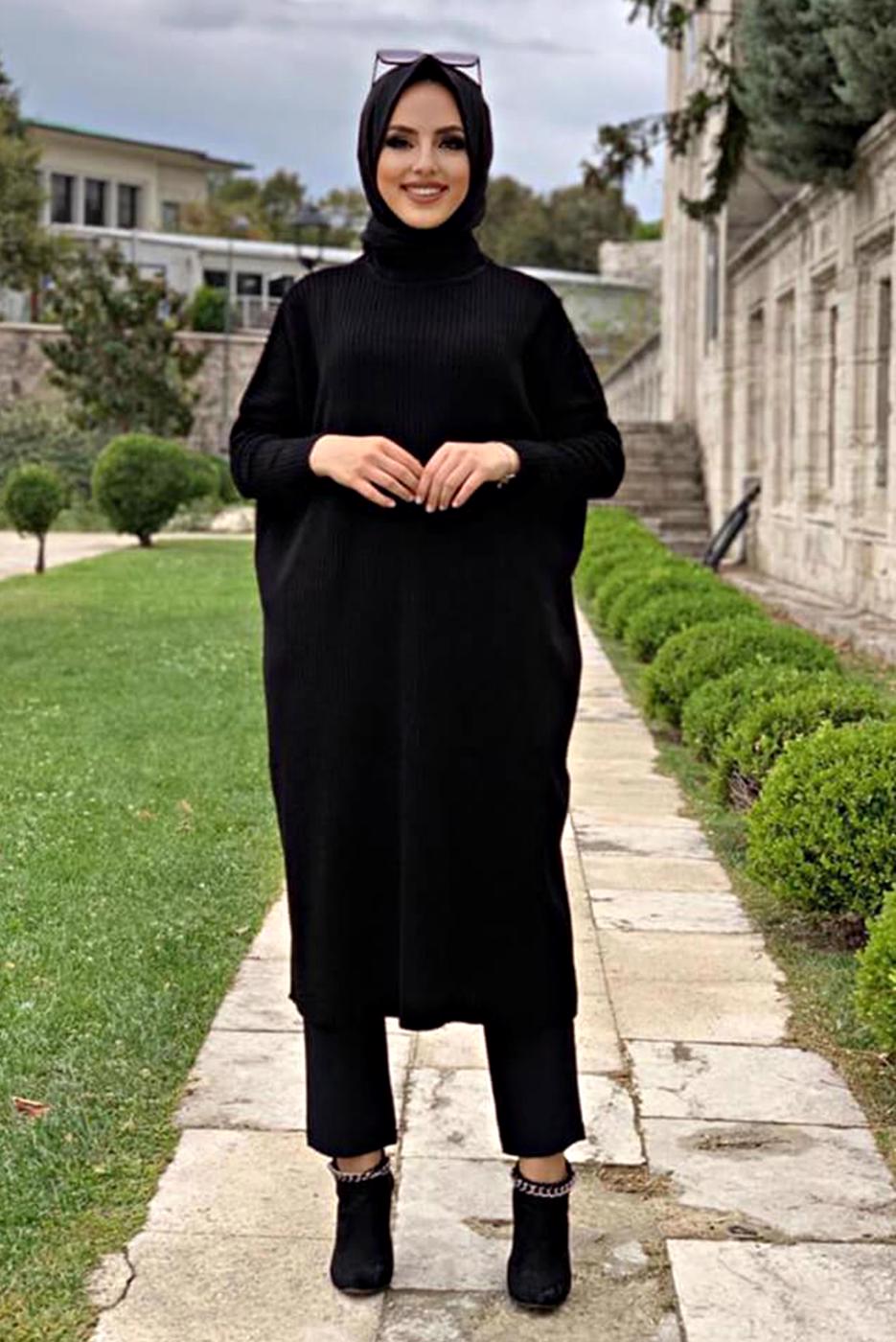 Tesettür giyim SİYAH YARASA KOL FİTİLLİ TRİKO TUNİK 1624