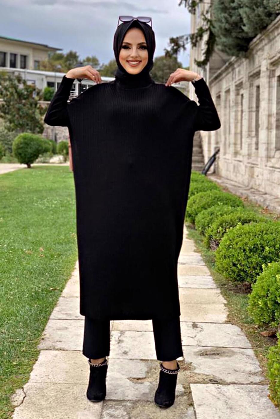 Tesettür giyim SİYAH YARASA KOL FİTİLLİ TRİKO TUNİK 1624