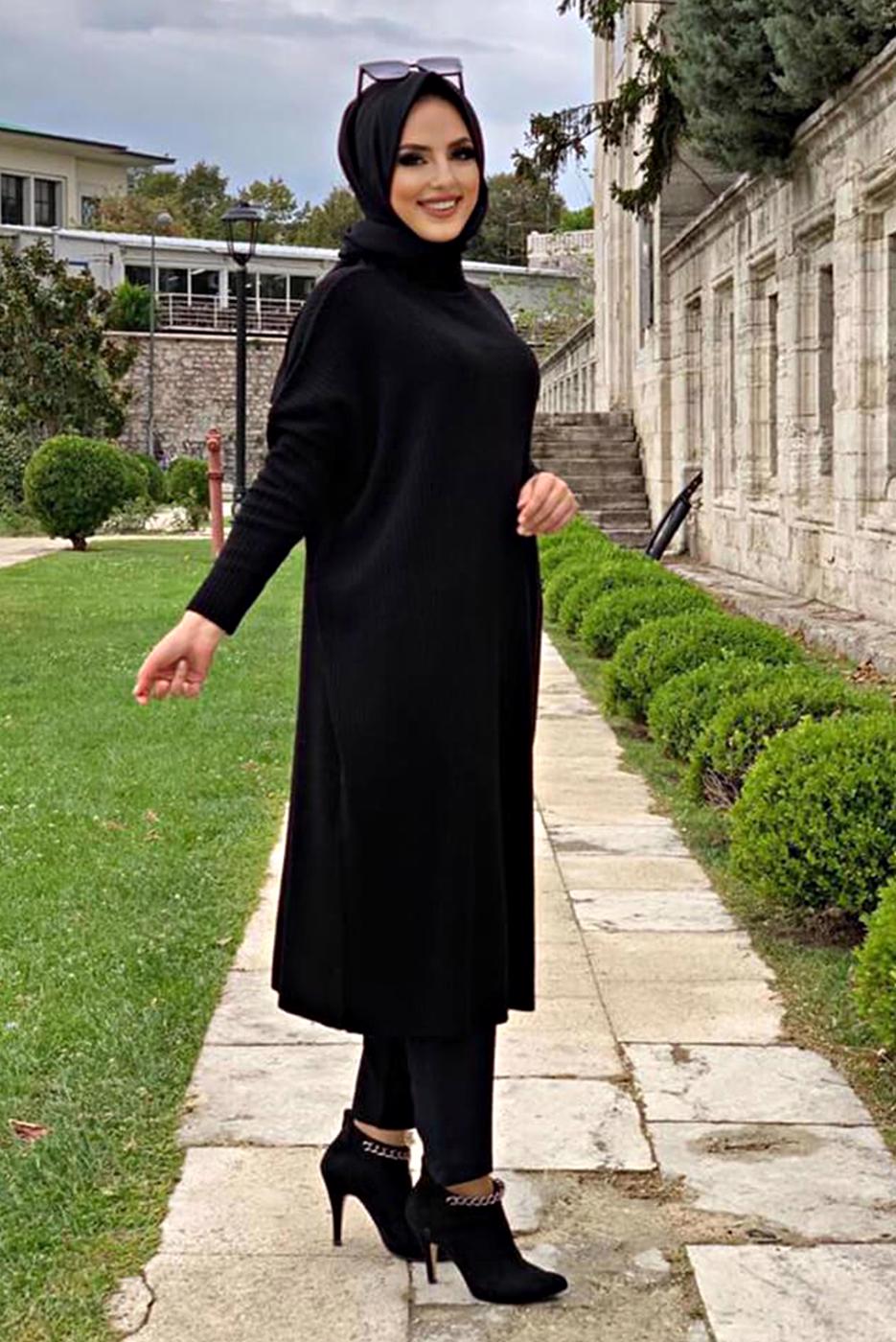 Tesettür giyim SİYAH YARASA KOL FİTİLLİ TRİKO TUNİK 1624