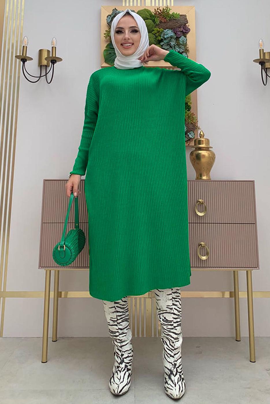 Tesettür giyim YEŞİL YARASA KOL FİTİLLİ TRİKO TUNİK 1624
