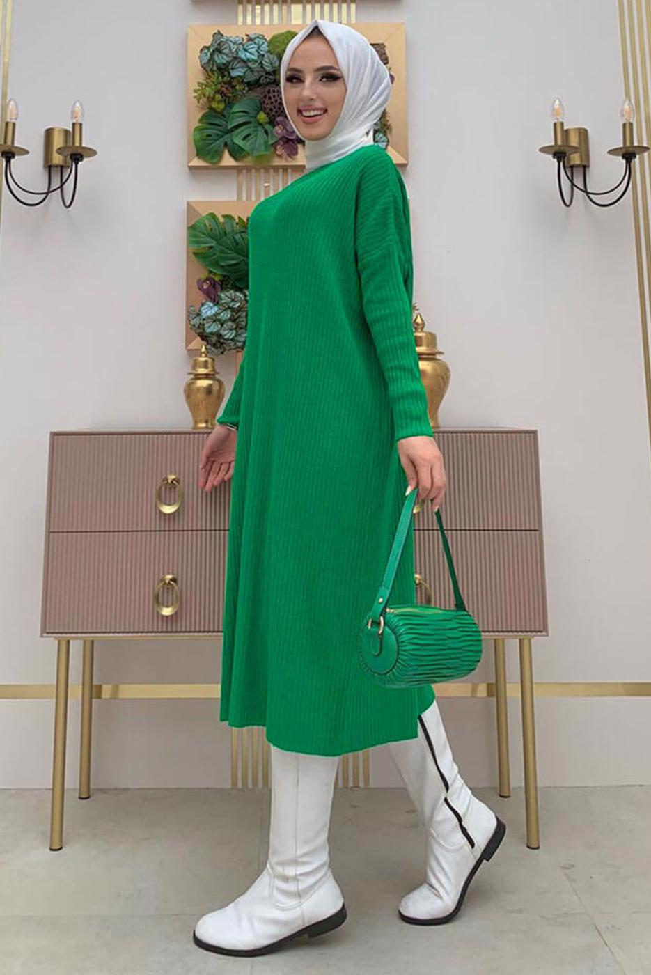 Tesettür giyim YEŞİL YARASA KOL FİTİLLİ TRİKO TUNİK 1624