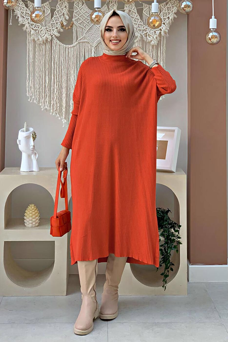 Tesettür giyim TURUNCU YARASA KOL FİTİLLİ TRİKO TUNİK 1624
