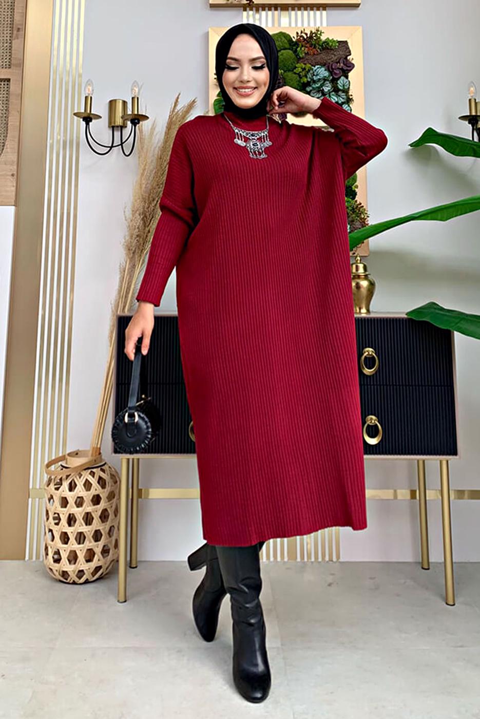 Tesettür giyim BORDO YARASA KOL FİTİLLİ TRİKO TUNİK 1624