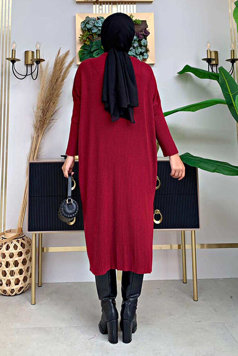 Tesettür giyim BORDO YARASA KOL FİTİLLİ TRİKO TUNİK 1624
