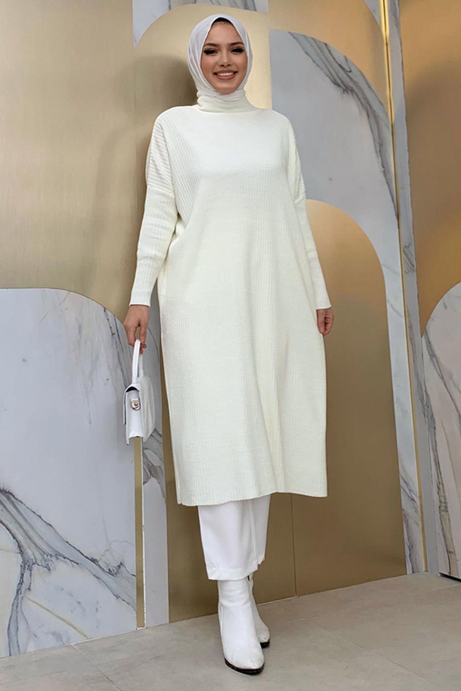 Tesettür giyim EKRU YARASA KOL FİTİLLİ TRİKO TUNİK 1624