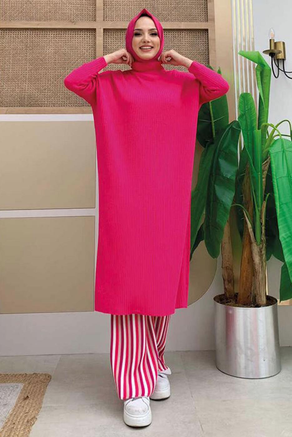 Tesettür giyim FUŞYA YARASA KOL FİTİLLİ TRİKO TUNİK 1624