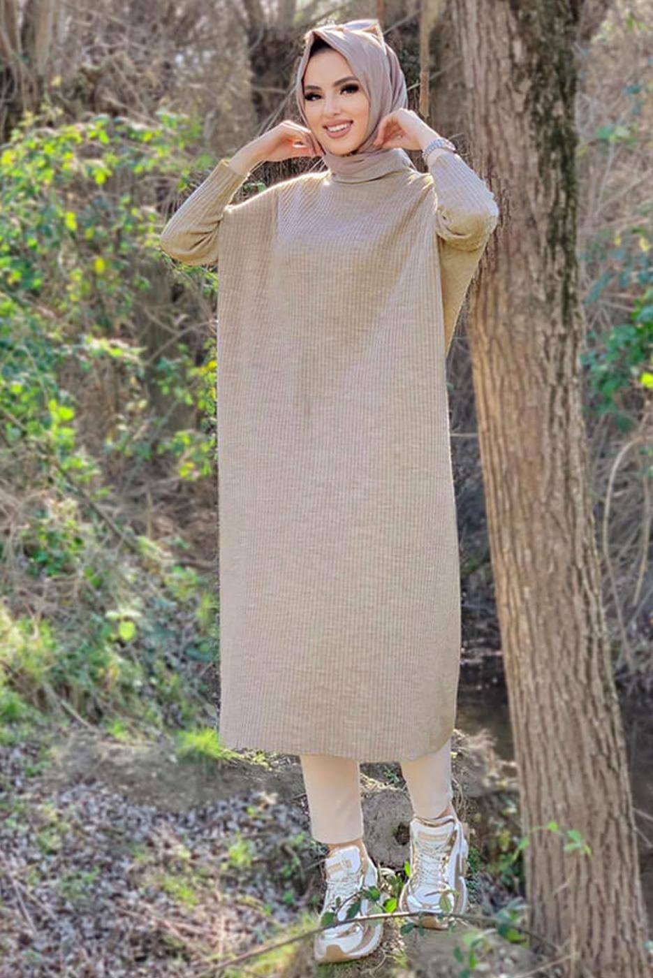 Tesettür giyim VİZON YARASA KOL FİTİLLİ TRİKO TUNİK 1624
