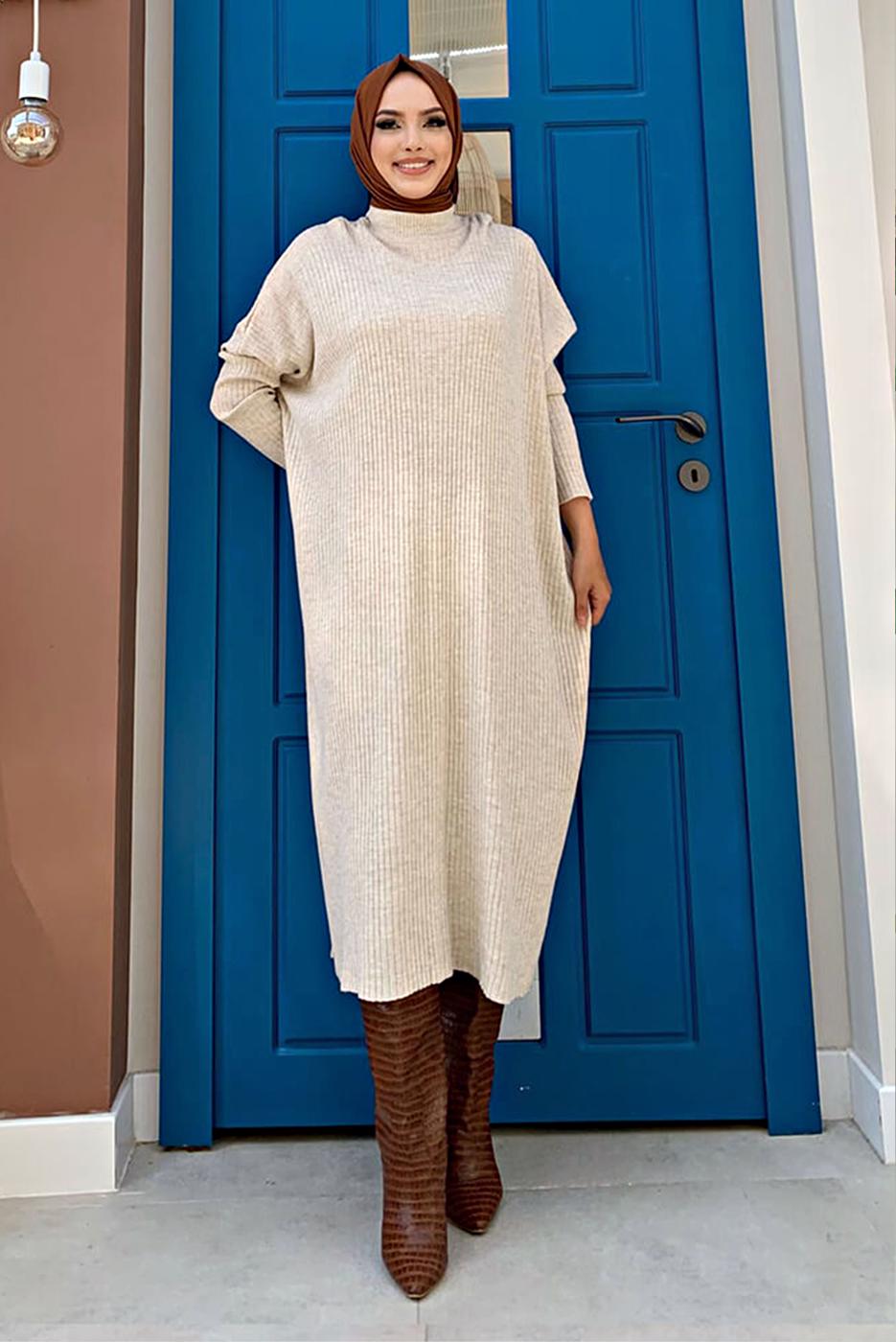 Tesettür giyim BEJ YARASA KOL FİTİLLİ TRİKO TUNİK 1624