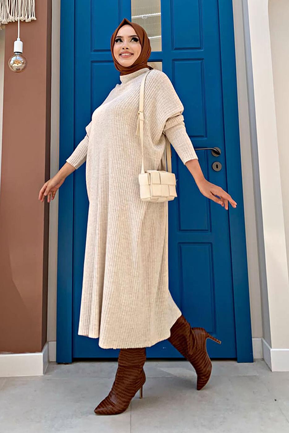 Tesettür giyim BEJ YARASA KOL FİTİLLİ TRİKO TUNİK 1624