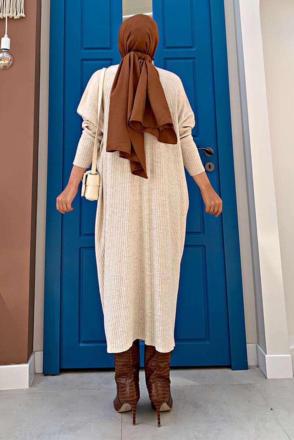 Tesettür giyim BEJ YARASA KOL FİTİLLİ TRİKO TUNİK 1624