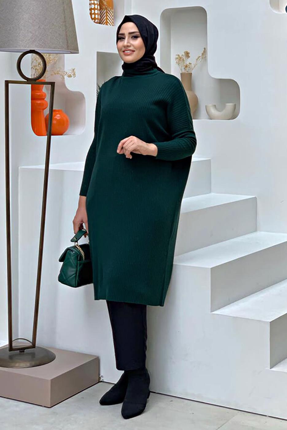 Tesettür giyim YEŞİL YARASA KOL FİTİLLİ TRİKO TUNİK 1624