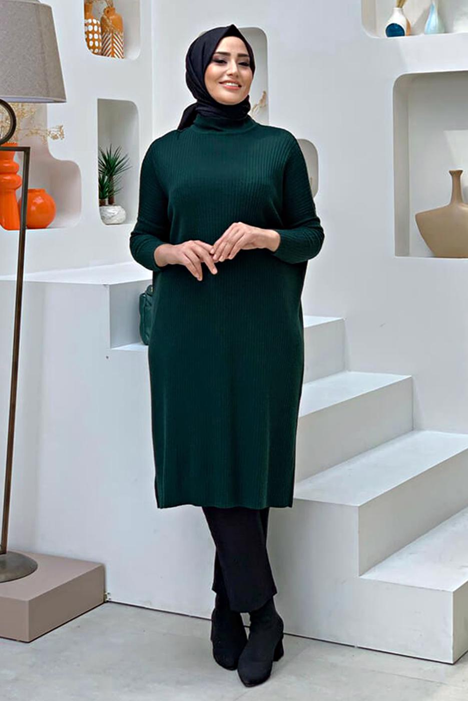 Tesettür giyim YEŞİL YARASA KOL FİTİLLİ TRİKO TUNİK 1624