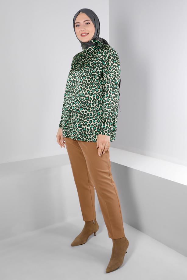 Hijab clothing GREEN ALVINA LEOPARD PATTERN SATIN TUNIC T 20308 - TRENDTESETTÜR