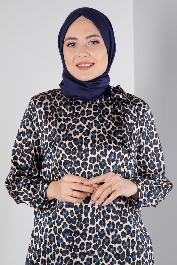 Hijab clothing NAVY BLUE ALVINA LEOPARD PATTERN SATIN TUNIC T 20308 - TRENDTESETTÜR