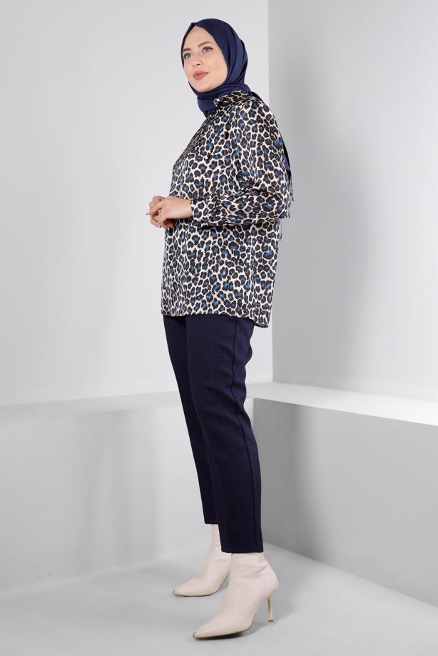 Hijab clothing NAVY BLUE ALVINA LEOPARD PATTERN SATIN TUNIC T 20308 - TRENDTESETTÜR