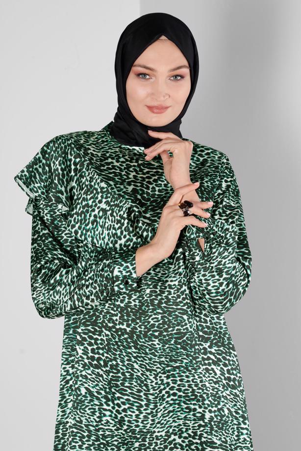 Hijab clothing GREEN ALVINA LEOPARD PATTERNED SATIN TUNIC T 20309 - TRENDTESETTÜR