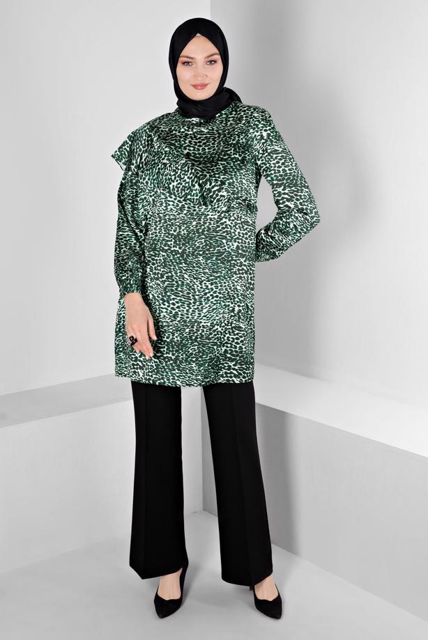 Hijab clothing GREEN ALVINA LEOPARD PATTERNED SATIN TUNIC T 20309 - TRENDTESETTÜR