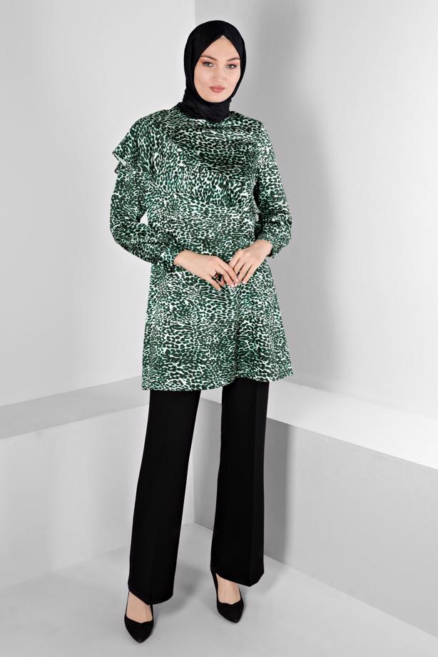 Hijab clothing GREEN ALVINA LEOPARD PATTERNED SATIN TUNIC T 20309 - TRENDTESETTÜR
