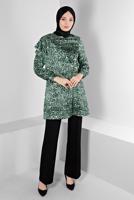 Tesettür giyim YEŞİL ALVİNA LEOPAR DESENLİ SATEN TUNİK T 20309