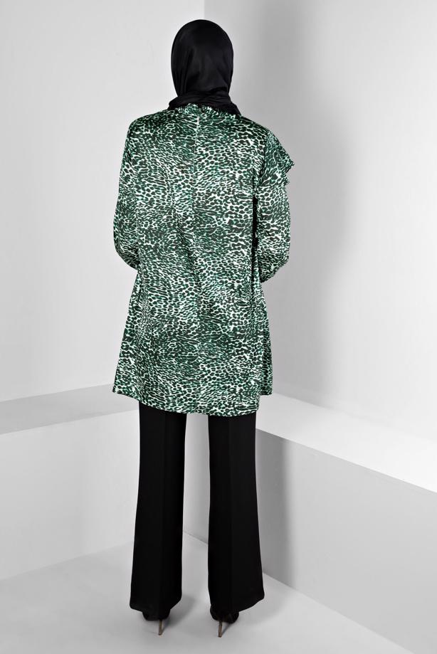 Hijab clothing GREEN ALVINA LEOPARD PATTERNED SATIN TUNIC T 20309 - TRENDTESETTÜR