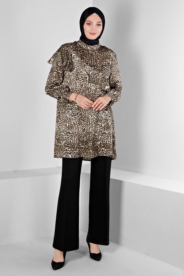 Hijab clothing BROWN ALVINA LEOPARD PATTERNED SATIN TUNIC T 20309 - TRENDTESETTÜR