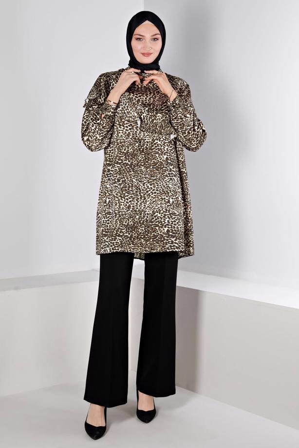 Hijab clothing BROWN ALVINA LEOPARD PATTERNED SATIN TUNIC T 20309 - TRENDTESETTÜR