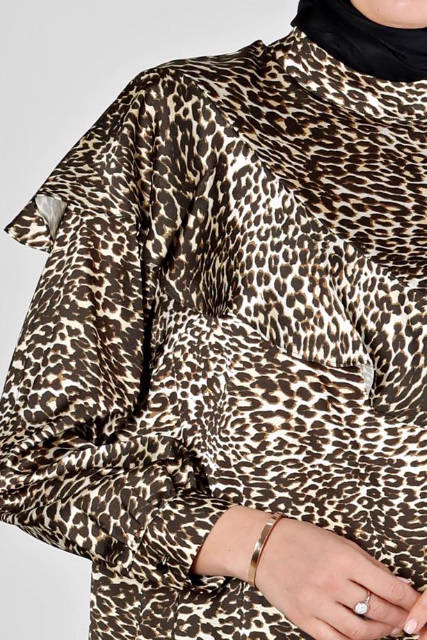 Hijab clothing BROWN ALVINA LEOPARD PATTERNED SATIN TUNIC T 20309 - TRENDTESETTÜR