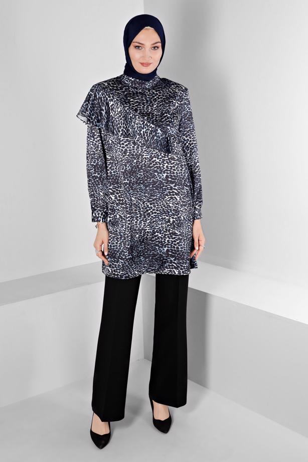 Hijab clothing NAVY BLUE ALVINA LEOPARD PATTERNED SATIN TUNIC T 20309 - TRENDTESETTÜR