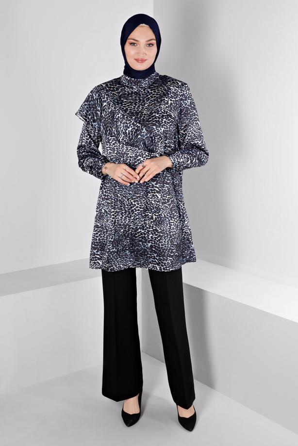 Hijab clothing NAVY BLUE ALVINA LEOPARD PATTERNED SATIN TUNIC T 20309 - TRENDTESETTÜR