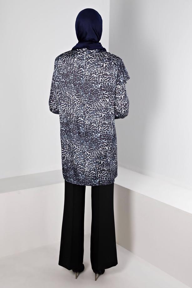 Hijab clothing NAVY BLUE ALVINA LEOPARD PATTERNED SATIN TUNIC T 20309 - TRENDTESETTÜR
