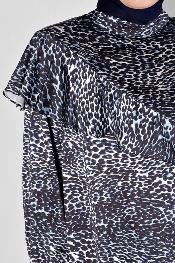 Hijab clothing NAVY BLUE ALVINA LEOPARD PATTERNED SATIN TUNIC T 20309 - TRENDTESETTÜR
