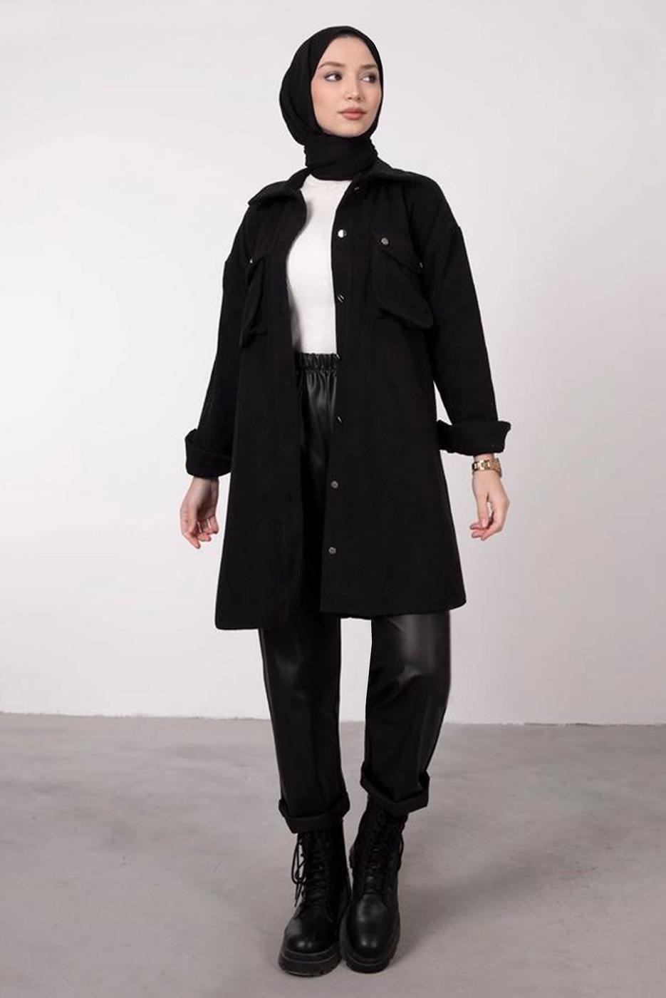 Tesettür giyim SİYAH DÜĞMELİ CEPLİ TUNİK 2385 