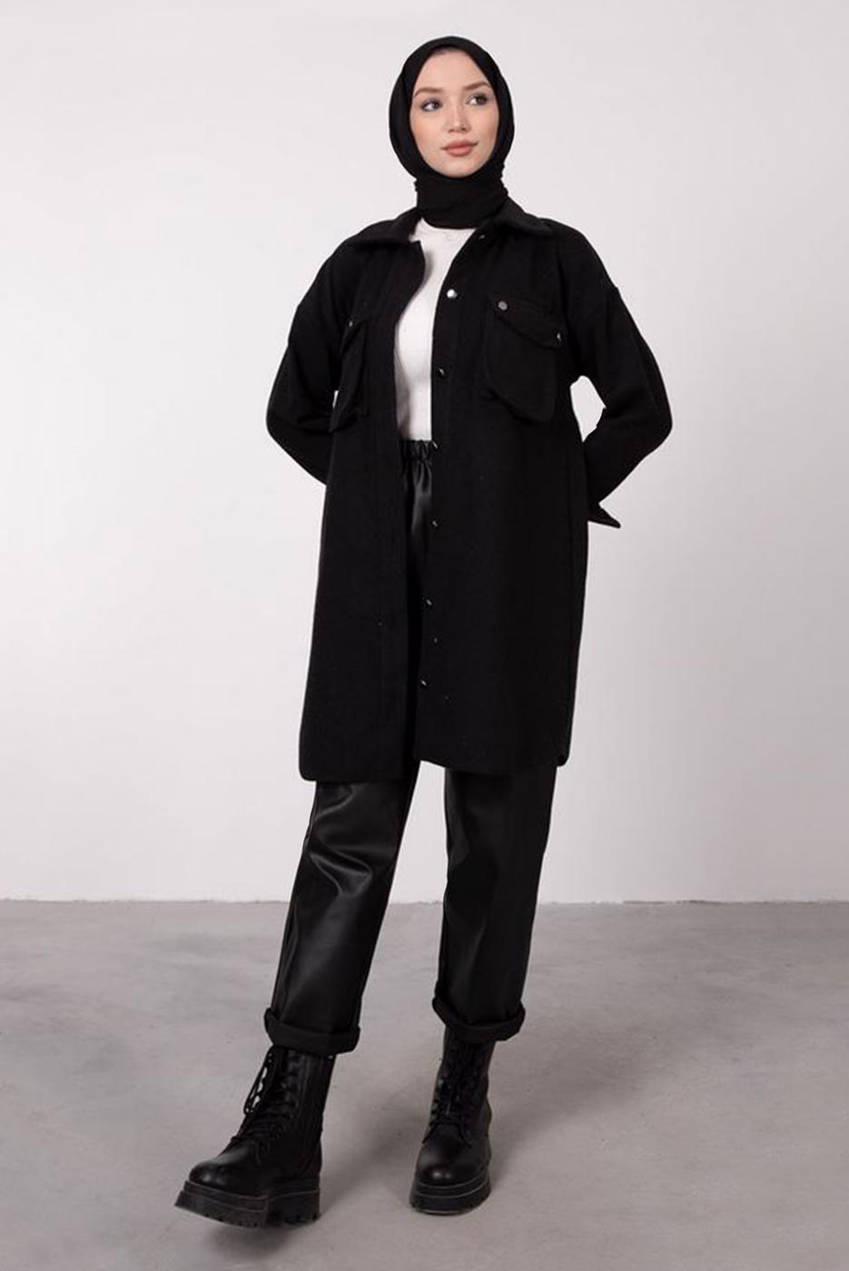 Tesettür giyim SİYAH DÜĞMELİ CEPLİ TUNİK 2385 