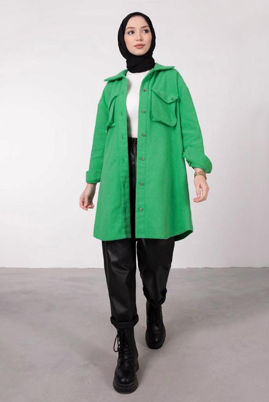 Tesettür giyim YEŞİL DÜĞMELİ CEPLİ TUNİK 2385 