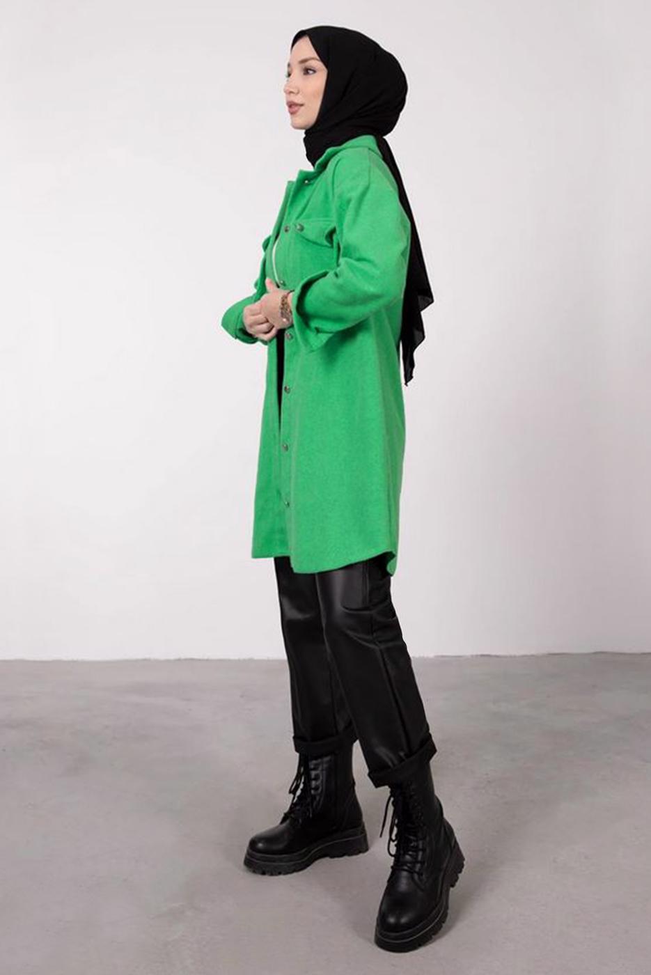 Tesettür giyim YEŞİL DÜĞMELİ CEPLİ TUNİK 2385 