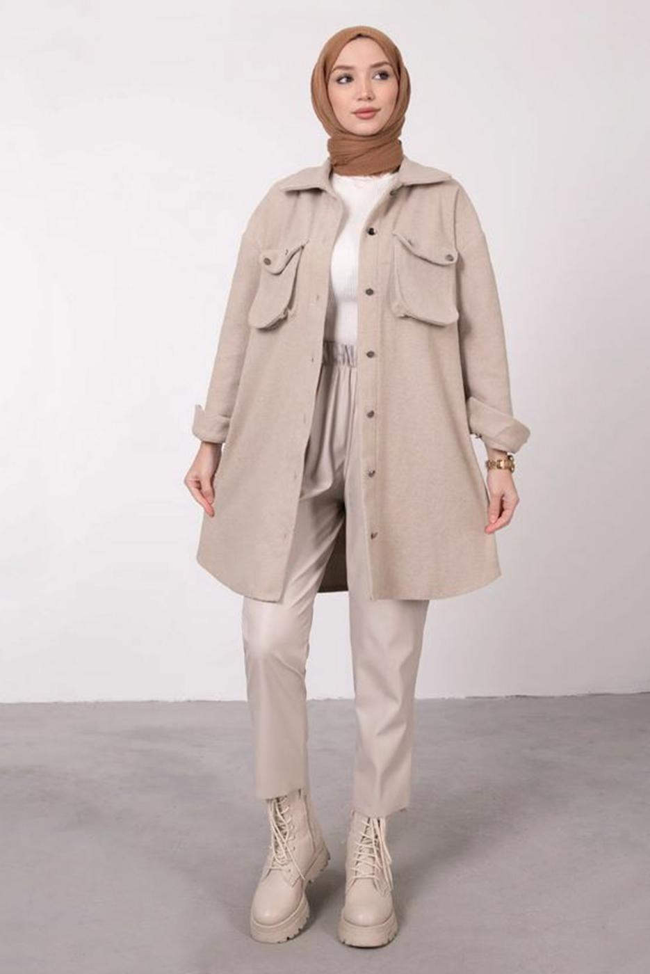 Tesettür giyim BEJ DÜĞMELİ CEPLİ TUNİK 2385 