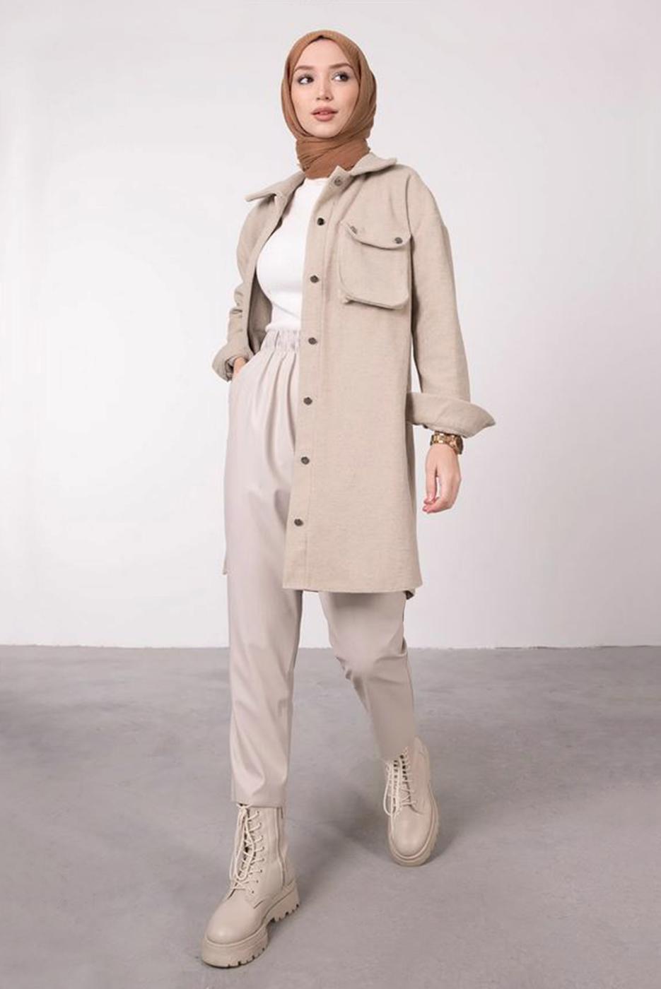 Tesettür giyim BEJ DÜĞMELİ CEPLİ TUNİK 2385 