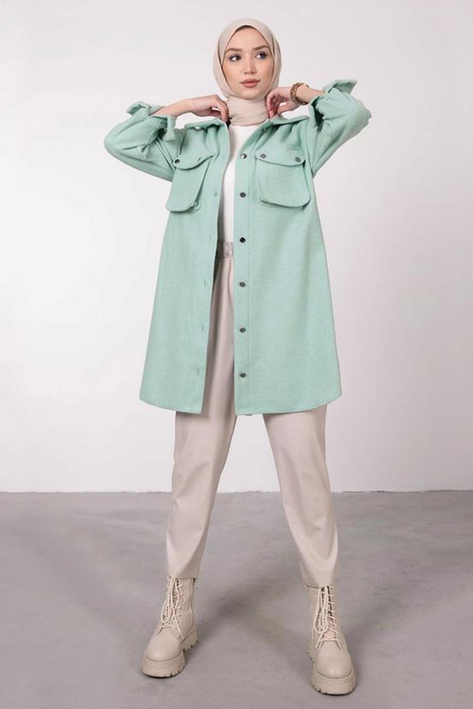 Tesettür giyim YEŞİL DÜĞMELİ CEPLİ TUNİK 2385 