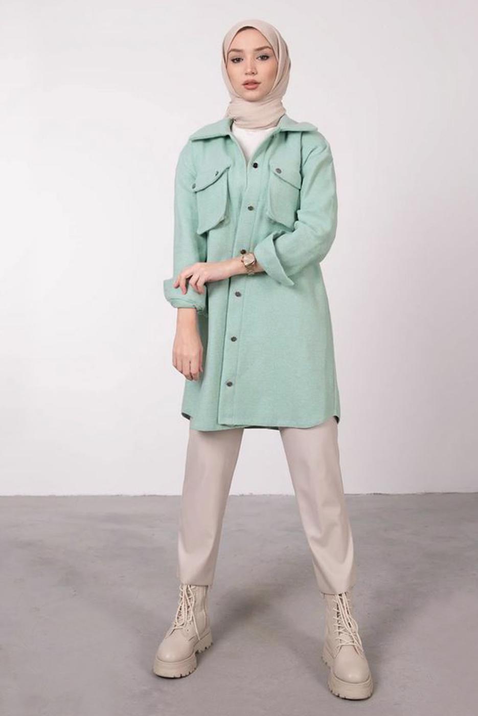 Tesettür giyim YEŞİL DÜĞMELİ CEPLİ TUNİK 2385 