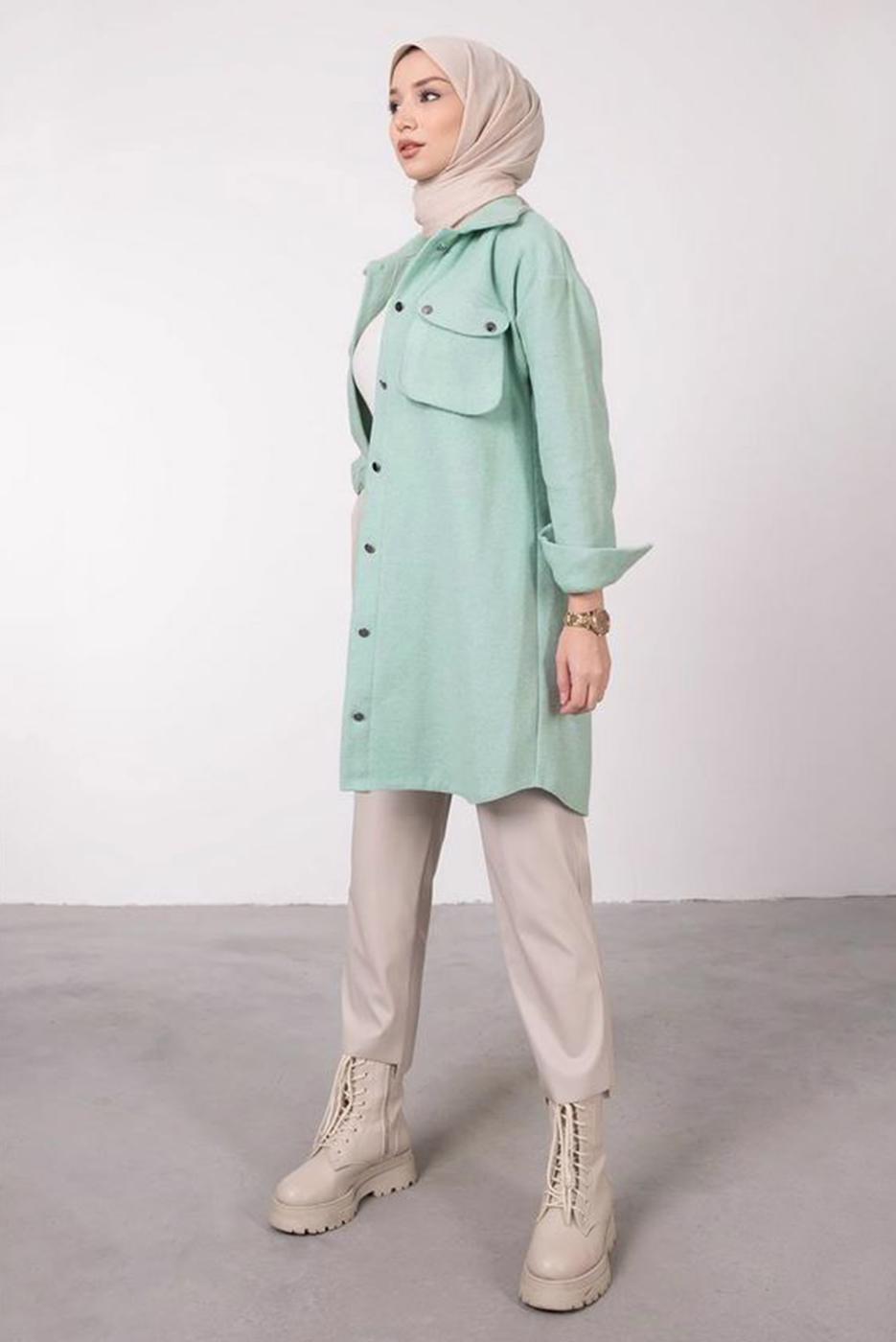 Tesettür giyim YEŞİL DÜĞMELİ CEPLİ TUNİK 2385 