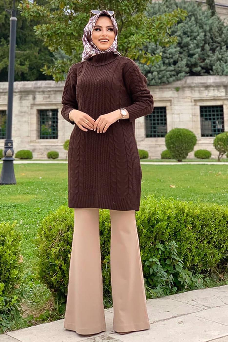 Tesettür giyim KAHVE BOĞAZLI TRİKO TUNİK T 31112 