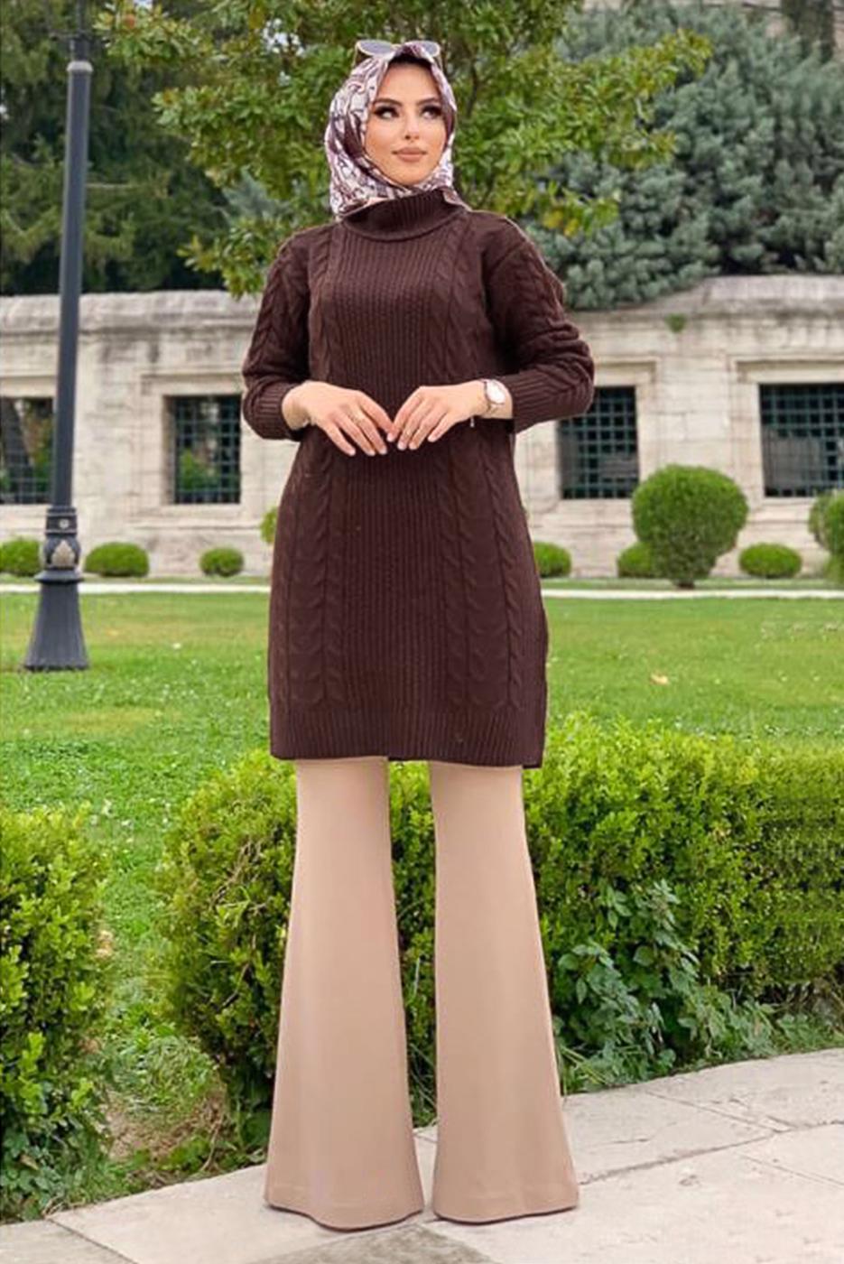 Tesettür giyim KAHVE BOĞAZLI TRİKO TUNİK T 31112 